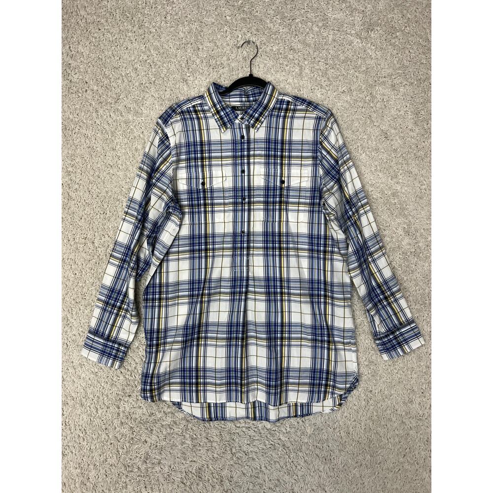 Lauren Ralph Lauren Tunic Shirt Womens Large Blue Yellow Plaid Button Down